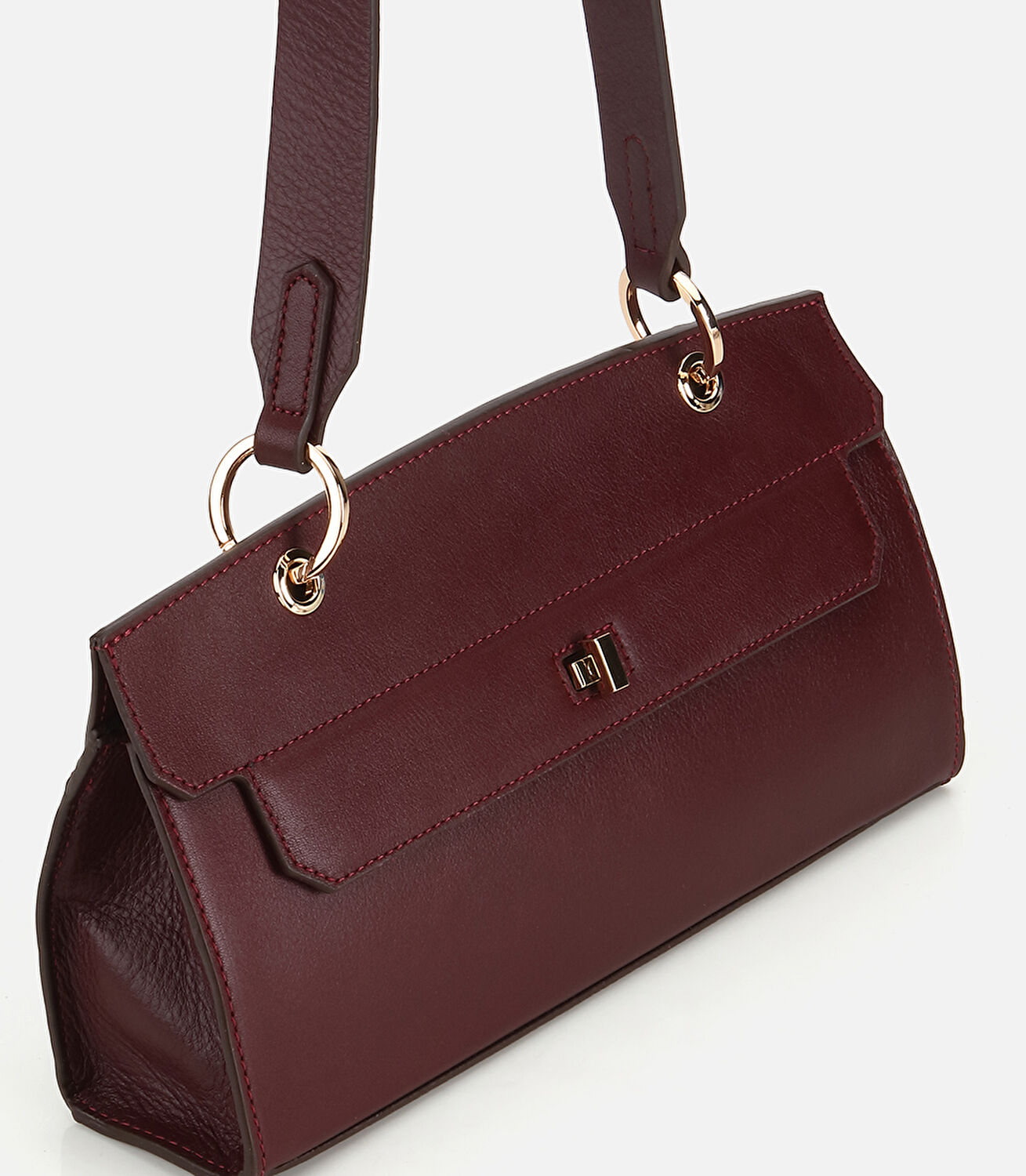 Kadın Deri Bordo Kilit Detaylı Omuz Çantası