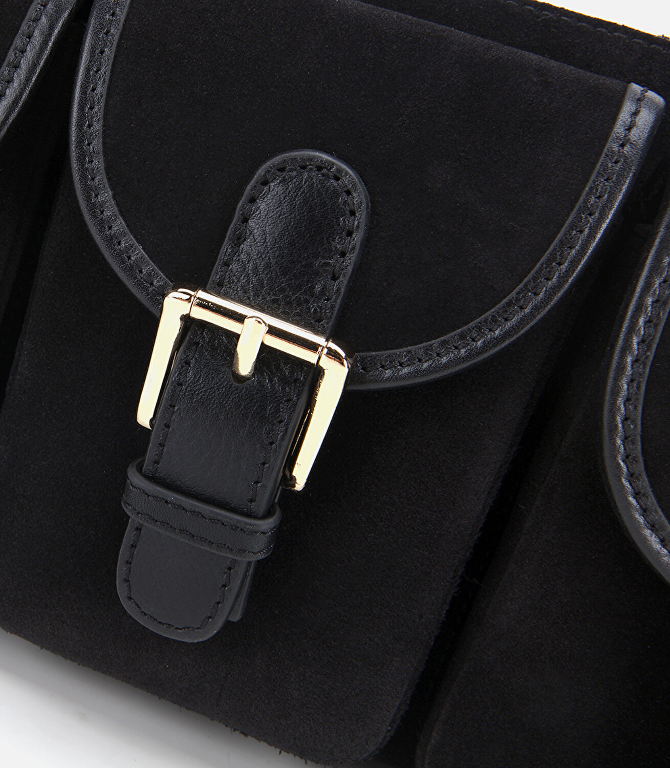 Kadın Süet Deri Siyah Cepli Tokalı Omuz Çantası