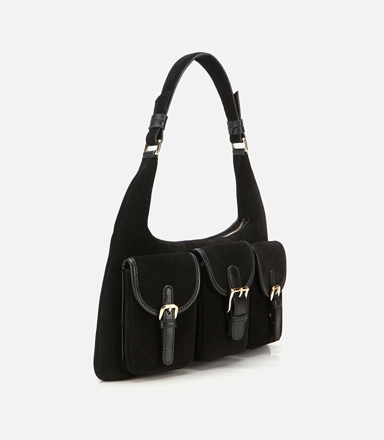 Kadın Süet Deri Siyah Cepli Tokalı Omuz Çantası