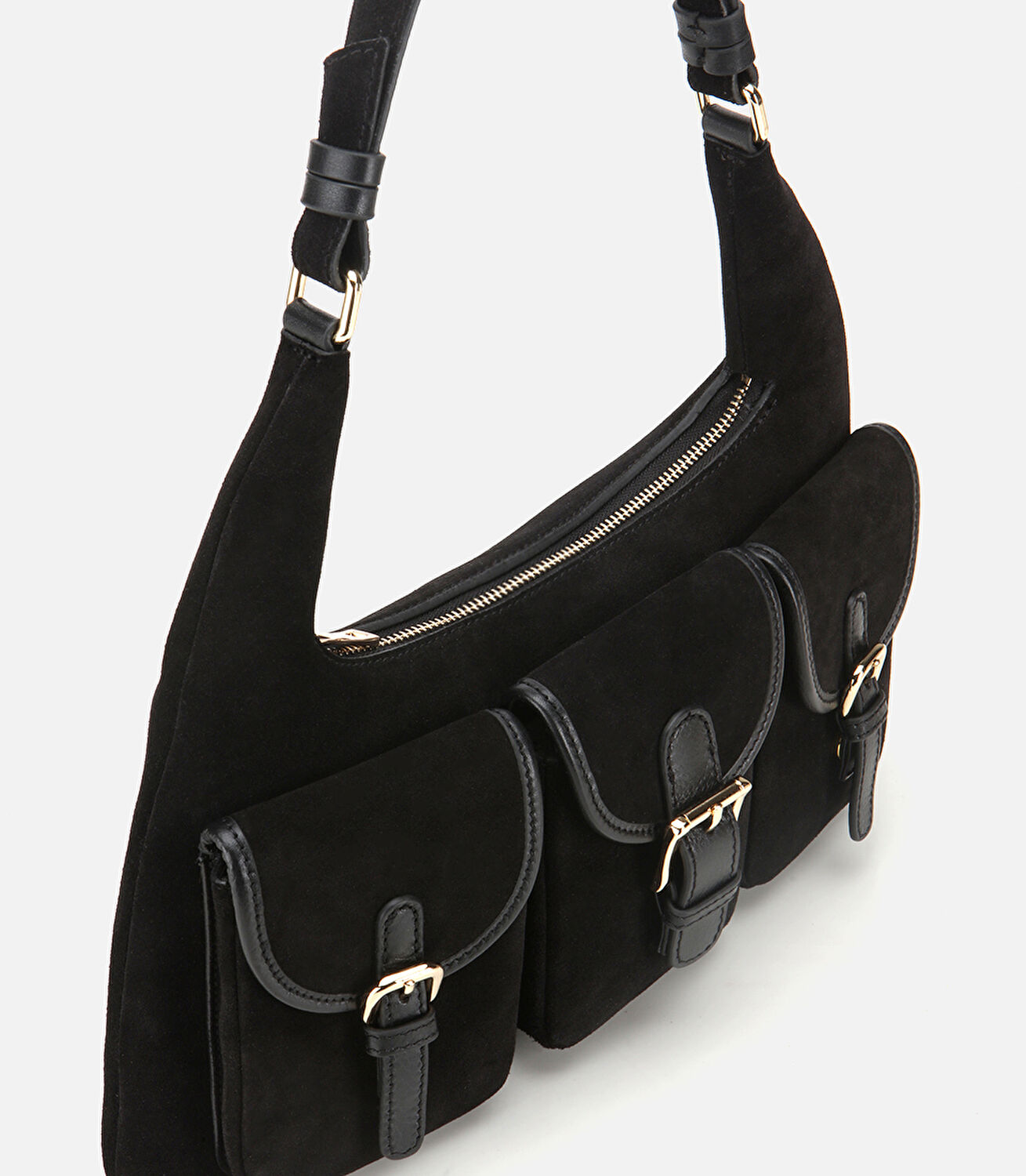 Kadın Süet Deri Siyah Cepli Tokalı Omuz Çantası