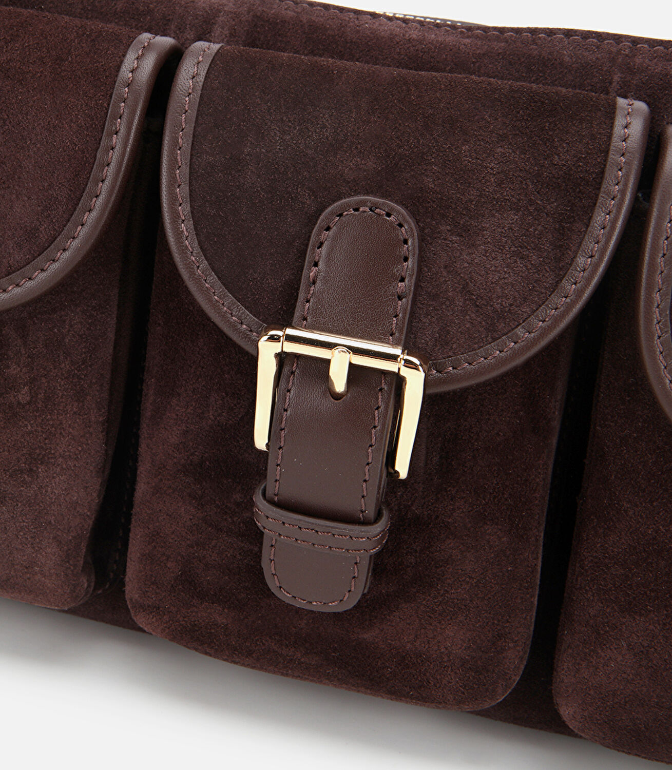 Kadın Süet Deri Kahverengi Cepli Tokalı Omuz Çantası