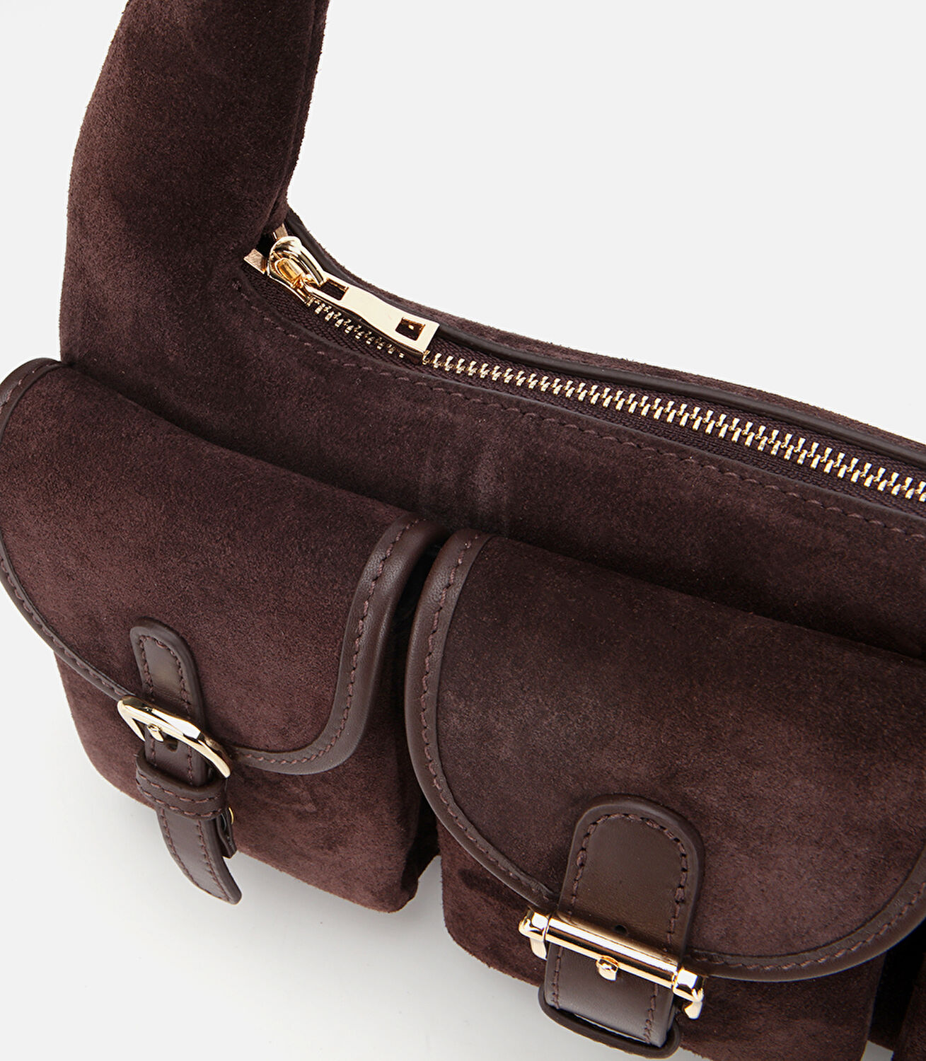 Kadın Süet Deri Kahverengi Cepli Tokalı Omuz Çantası