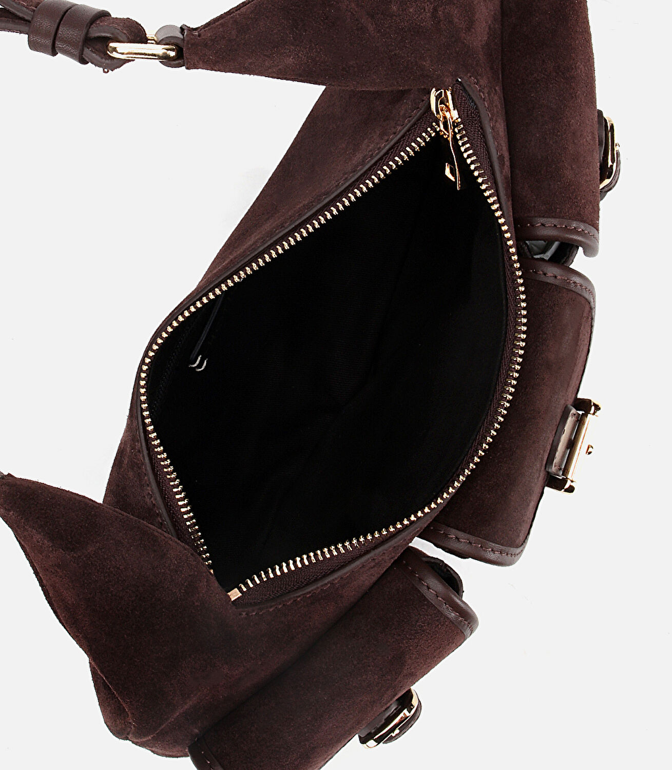 Kadın Süet Deri Kahverengi Cepli Tokalı Omuz Çantası