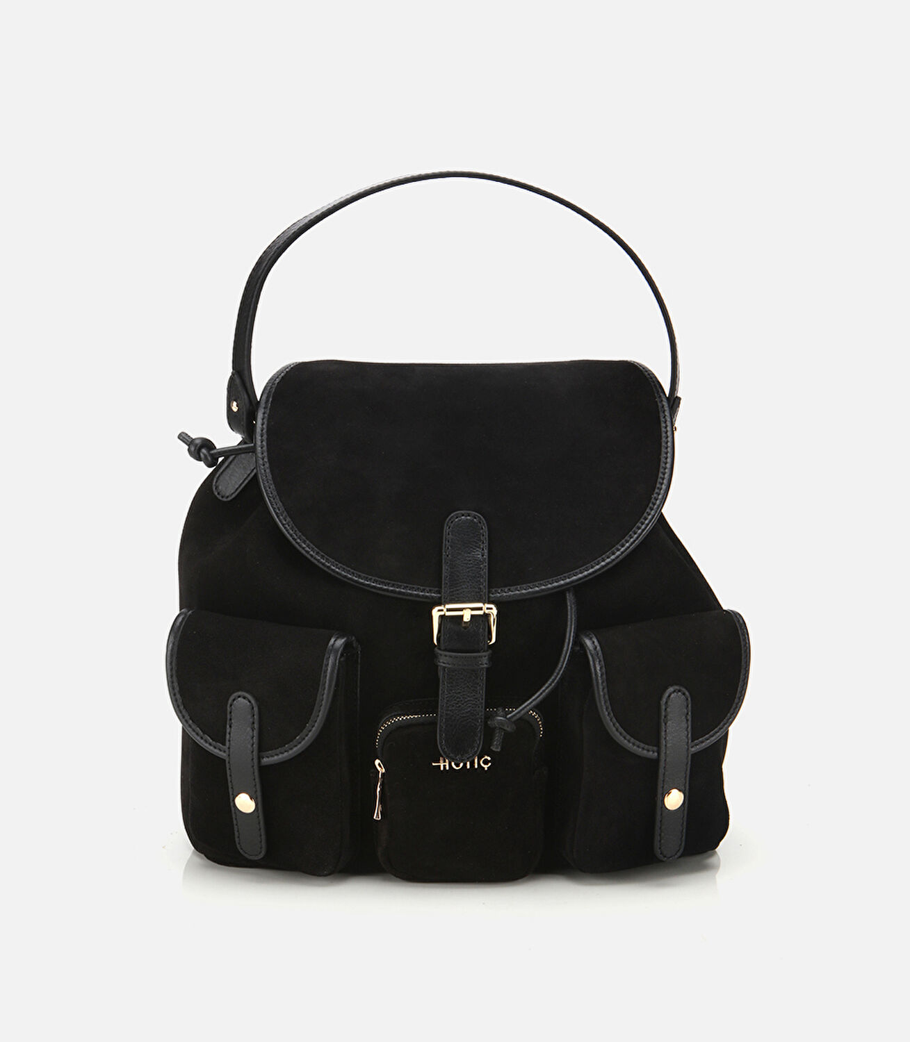 Kadın Süet Deri Siyah Cepli Tokalı Sırt Çantası