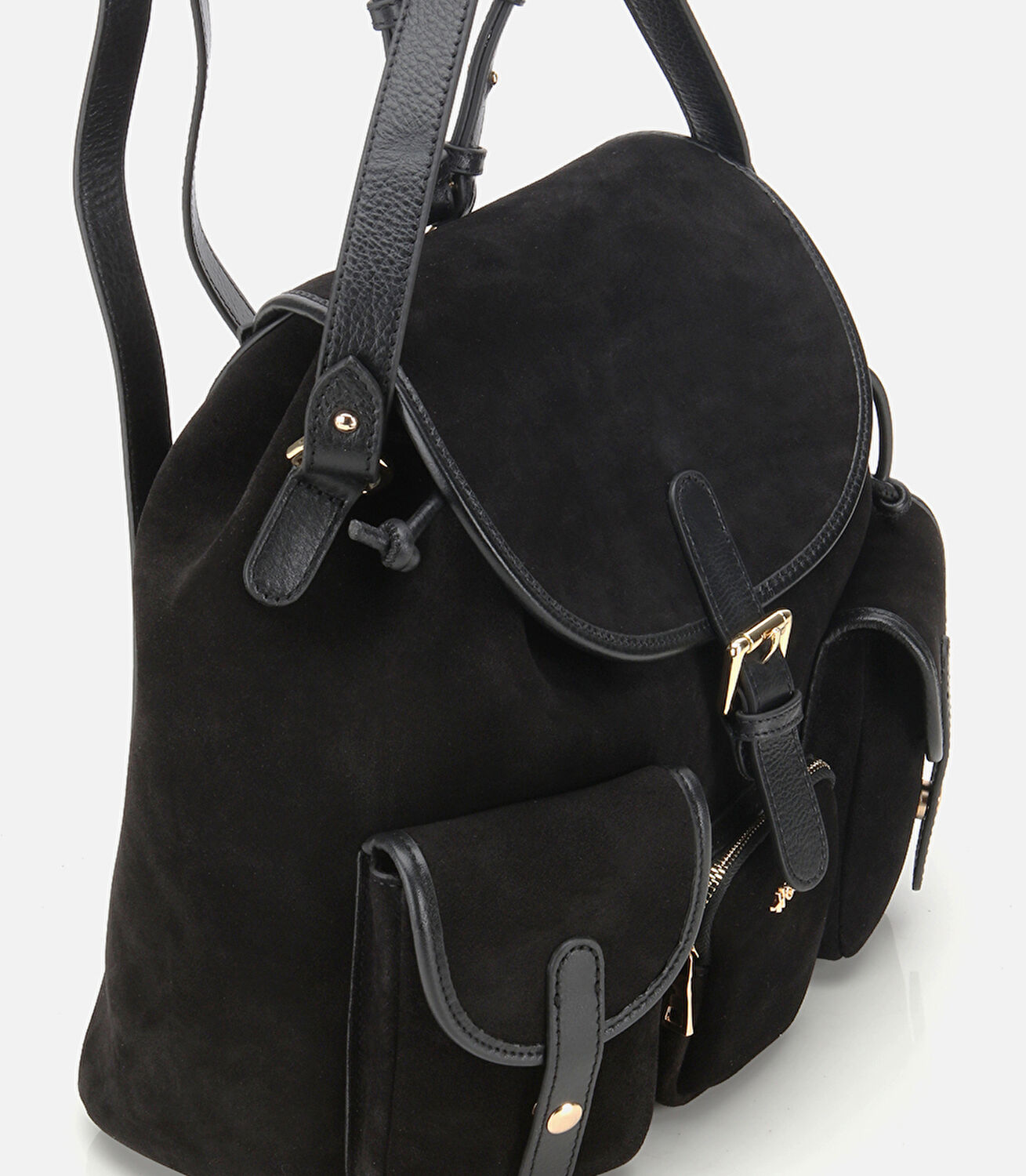 Kadın Süet Deri Siyah Cepli Tokalı Sırt Çantası