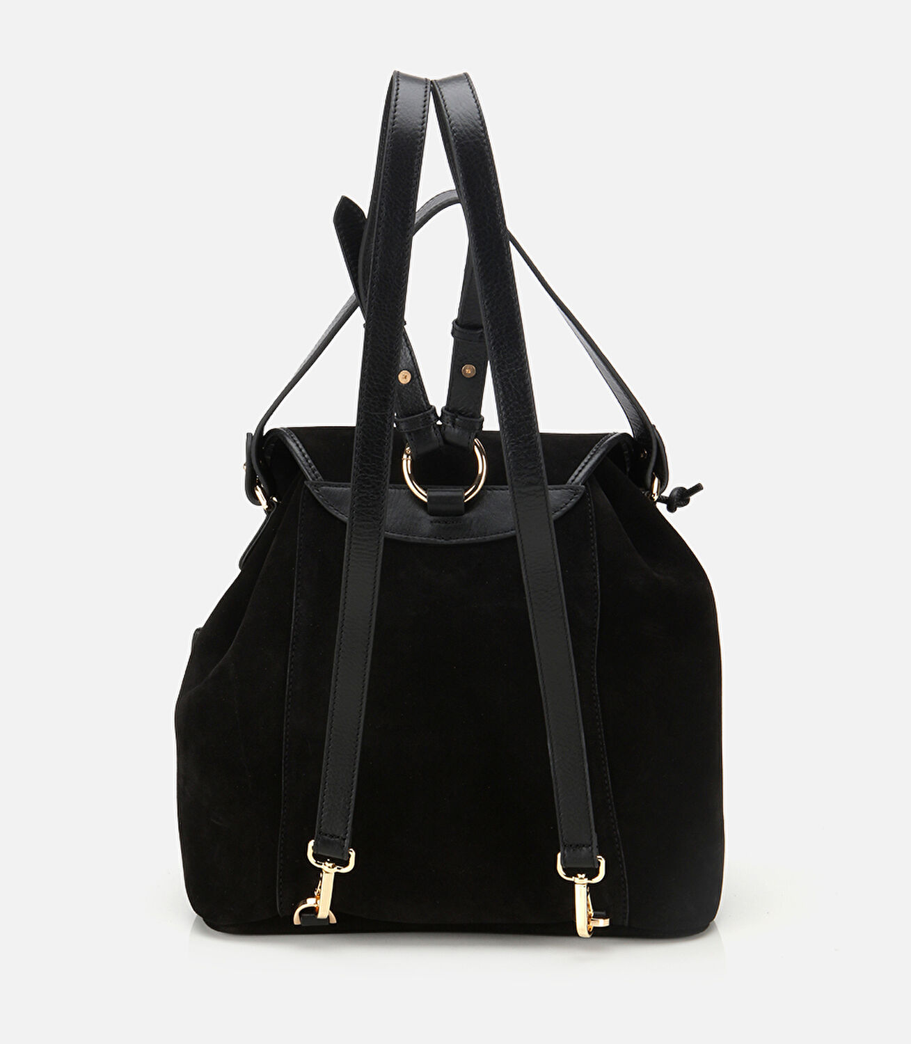 Kadın Süet Deri Siyah Cepli Tokalı Sırt Çantası