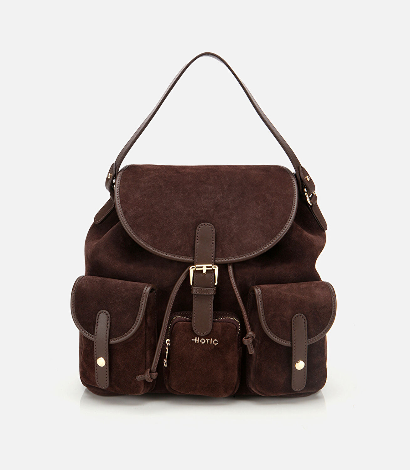 Kadın Süet Deri Kahverengi Cepli Tokalı Sırt Çantası