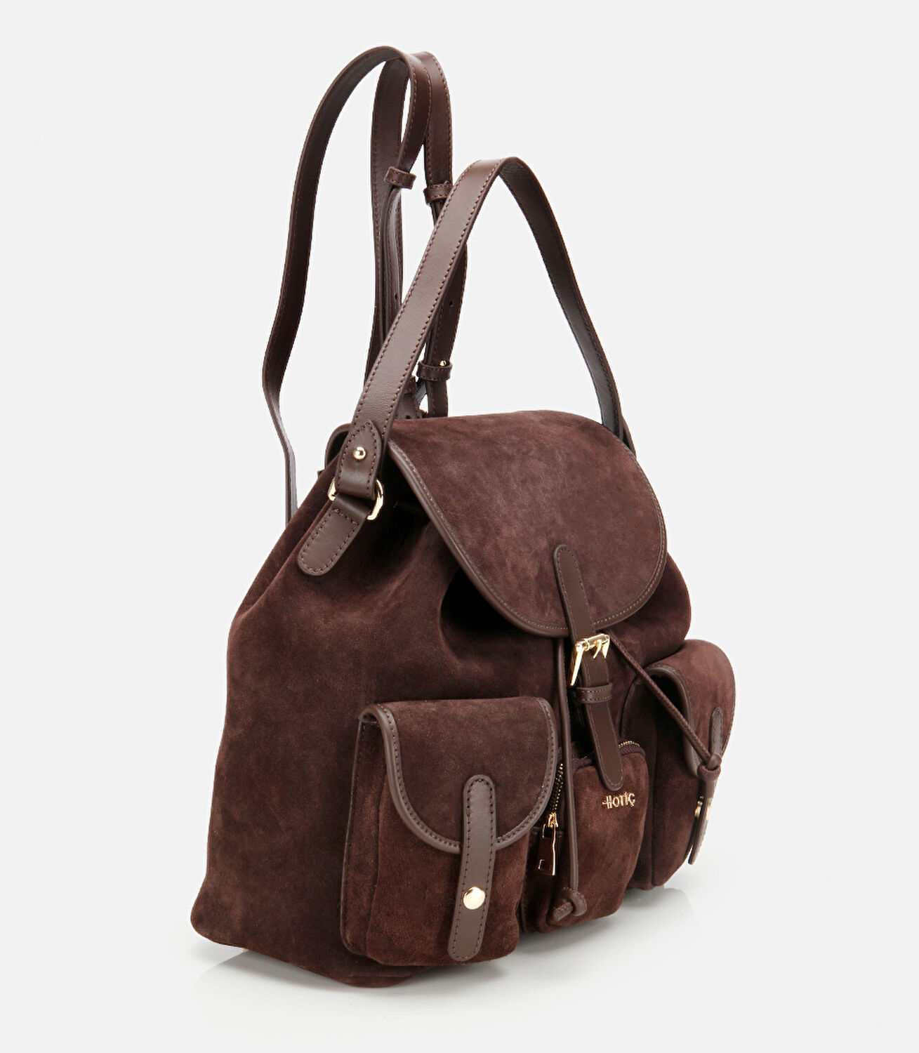 Kadın Süet Deri Kahverengi Cepli Tokalı Sırt Çantası