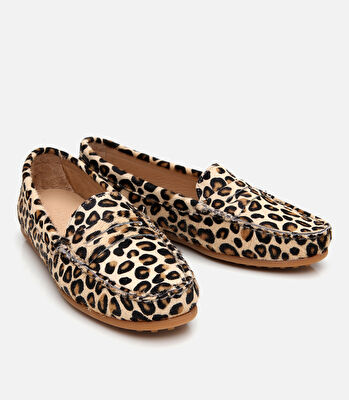 Kadın Deri Siyah Leopar Desenli Günlük Loafer