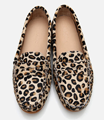 Kadın Deri Siyah Leopar Desenli Günlük Loafer