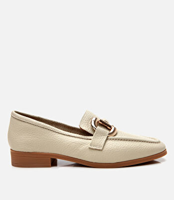 Kadın Deri Ekru Tokalı Günlük Loafer