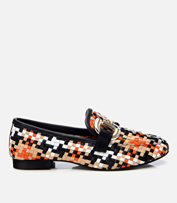 Kadın Deri Renkli Örgü Detaylı Tokalı Klasik Loafer