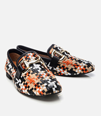 Kadın Deri Renkli Örgü Detaylı Tokalı Klasik Loafer
