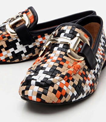 Kadın Deri Renkli Örgü Detaylı Tokalı Klasik Loafer