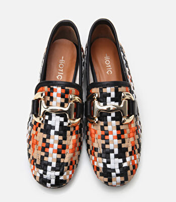 Kadın Deri Renkli Örgü Detaylı Tokalı Klasik Loafer