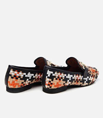 Kadın Deri Renkli Örgü Detaylı Tokalı Klasik Loafer