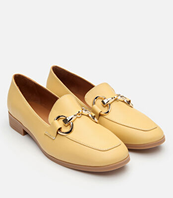 Kadın Deri Sarı Tokalı Klasik Loafer