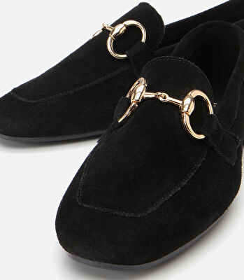 Kadın Süet Deri Siyah Tokalı Klasik Loafer