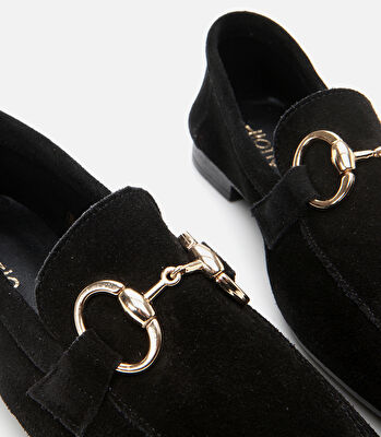 Kadın Süet Deri Siyah Tokalı Klasik Loafer