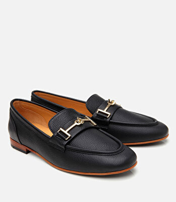 Kadın Deri Siyah Tokalı Klasik Loafer