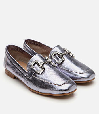 Kadın Deri Lame Tokalı Şık Klasik Loafer