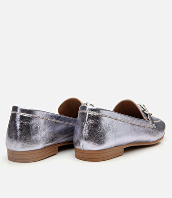 Kadın Deri Lame Tokalı Şık Klasik Loafer