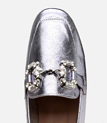 Kadın Deri Lame Tokalı Şık Klasik Loafer