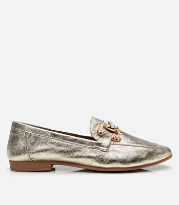 Kadın Deri Gold Tokalı Şık Klasik Loafer