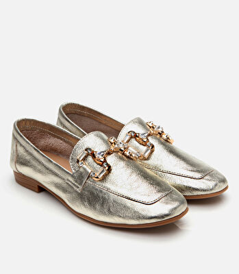 Kadın Deri Gold Tokalı Şık Klasik Loafer