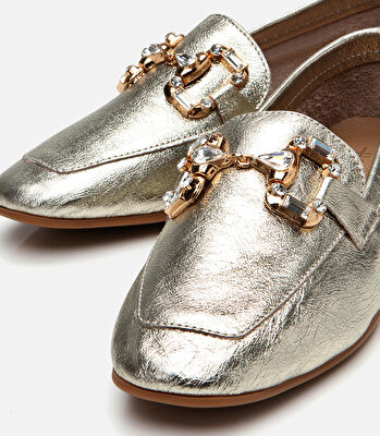 Kadın Deri Gold Tokalı Şık Klasik Loafer
