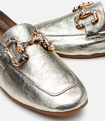 Kadın Deri Gold Tokalı Şık Klasik Loafer