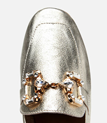 Kadın Deri Gold Tokalı Şık Klasik Loafer
