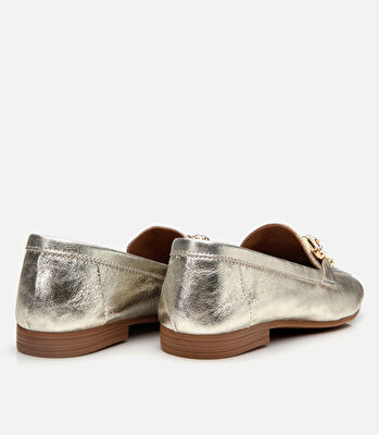 Kadın Deri Gold Tokalı Şık Klasik Loafer