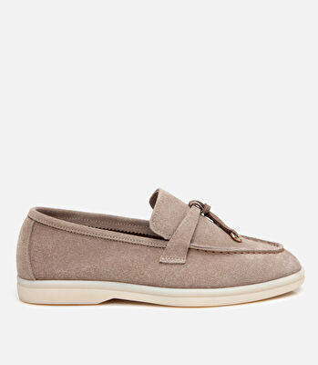 Kadın Süet Deri Bej Klasik Loafer