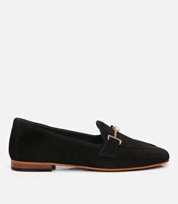 Kadın Süet Deri Siyah Tokalı Klasik Loafer
