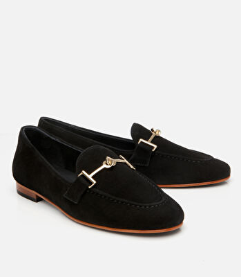 Kadın Süet Deri Siyah Tokalı Klasik Loafer