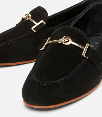 Kadın Süet Deri Siyah Tokalı Klasik Loafer