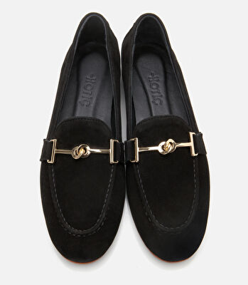 Kadın Süet Deri Siyah Tokalı Klasik Loafer