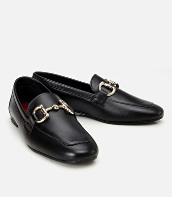 Kadın Deri Siyah Tokalı Klasik Loafer
