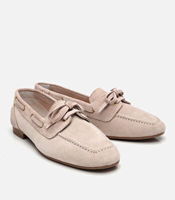 Kadın Süet Deri Bej Bağcıklı Günlük Loafer