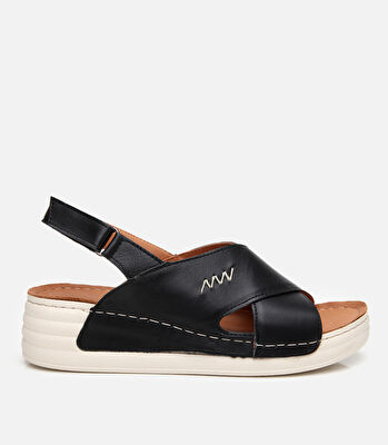 Kadın Deri Siyah Ayarlanabilir Comfort Sandalet