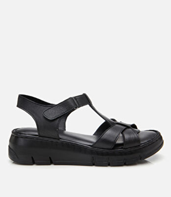 Kadın Deri Siyah Ayarlanabilir Comfort Sandalet