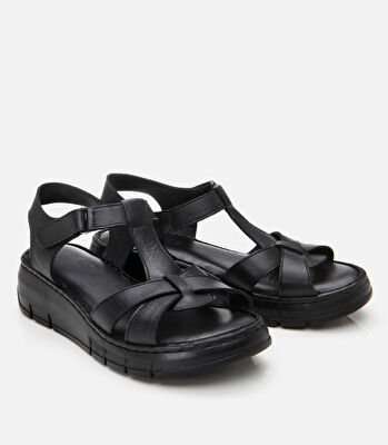 Kadın Deri Siyah Ayarlanabilir Comfort Sandalet