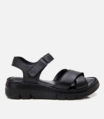 Kadın Deri Siyah Ayarlanabilir Comfort Sandalet