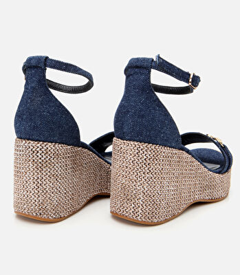 Kadın Mavi Denim Hasır Detaylı Dolgu Topuklu Sandalet