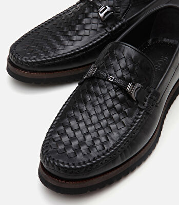 Erkek Deri Siyah Hafif Tabanlı Toka Detaylı Loafer