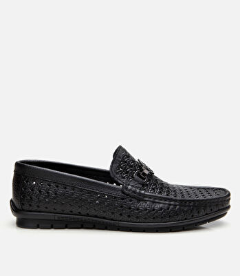 Erkek Deri Siyah Delikli Toka Detaylı Loafer