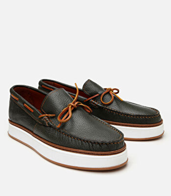 Erkek Deri Yeşil Bağcık Detaylı Loafer