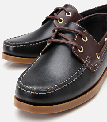 Erkek Deri Siyah Bağcık Detaylı Günlük Loafer