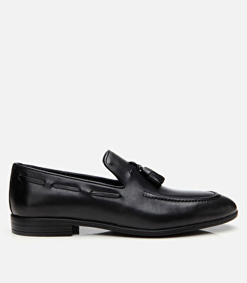 Erkek Deri Siyah Püskül Detaylı Loafer